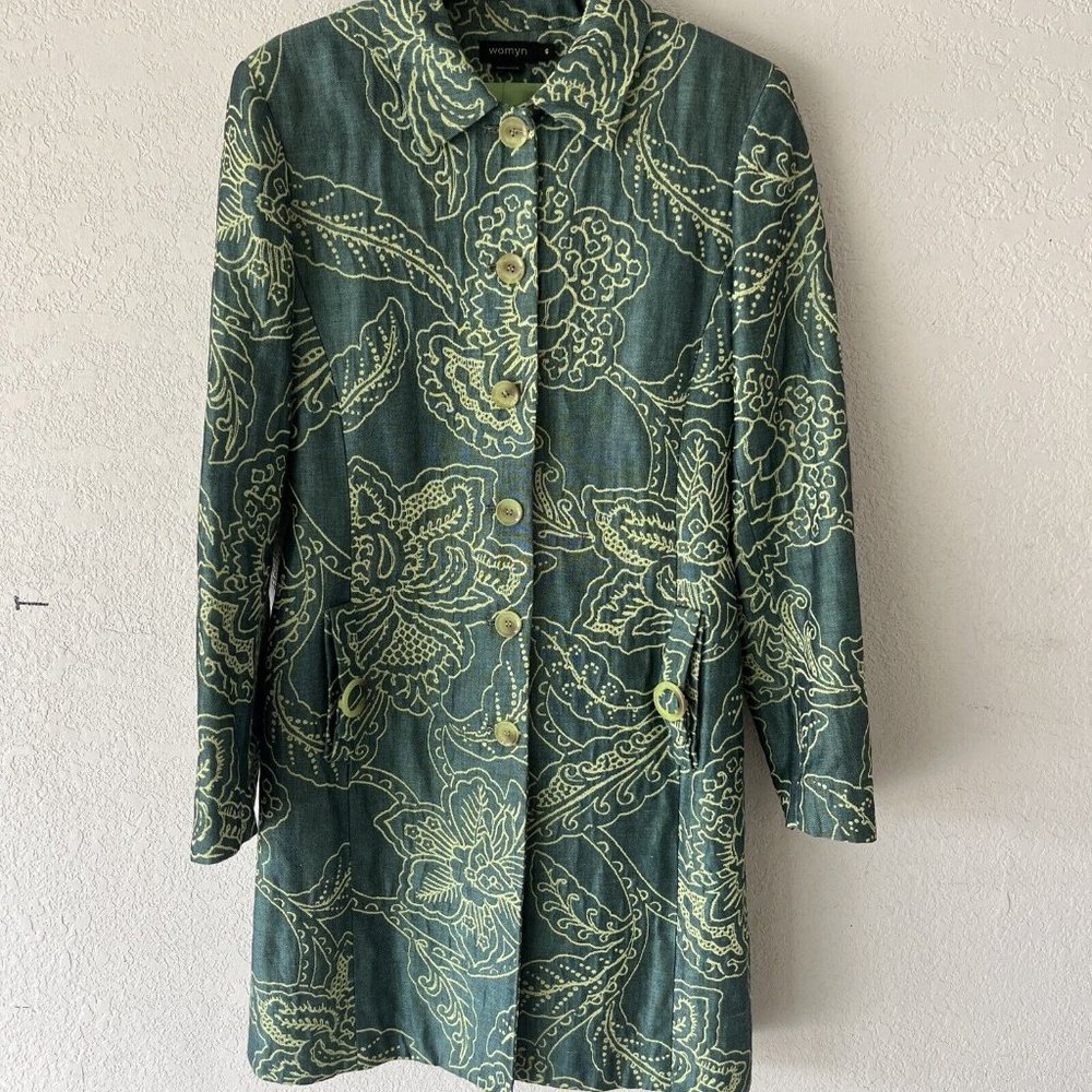 Womyn Green And Teal Coat Trench Kiss Women’s  Sz 6 Pockets Belt Button Up